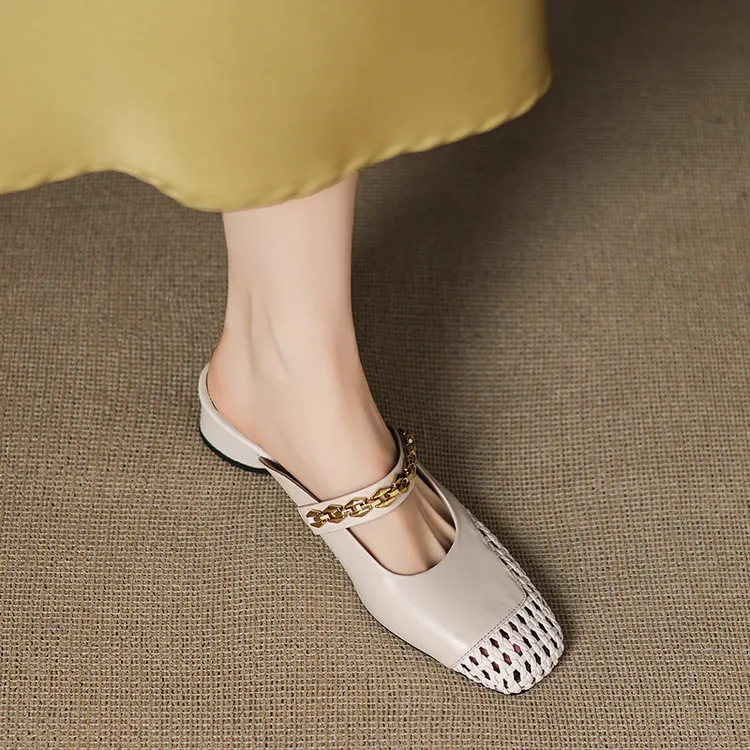 Summer closed-toe slippers, chunky heel, mid-heel, cowhide openwork fashion women's shoes, 6-10o