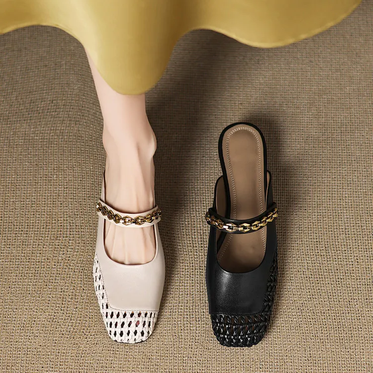 Summer closed-toe slippers, chunky heel, mid-heel, cowhide openwork fashion women's shoes, 6-10o