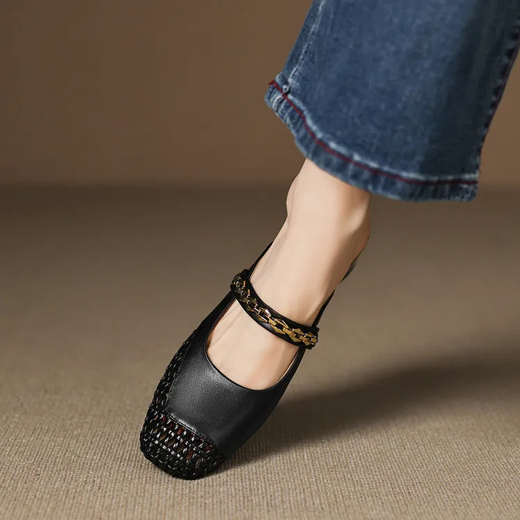 Summer closed-toe slippers, chunky heel, mid-heel, cowhide openwork fashion women's shoes, 6-10o