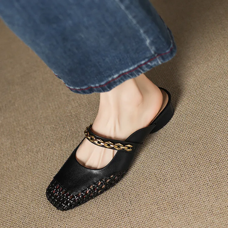 Summer closed-toe slippers, chunky heel, mid-heel, cowhide openwork fashion women's shoes, 6-10o