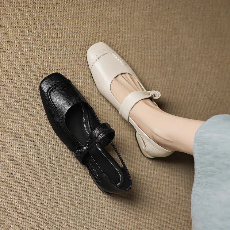 Summer square-toe flats, chunky heel, low heel, hollow sheepskin fashion shoes, women's shoes, 6-10r