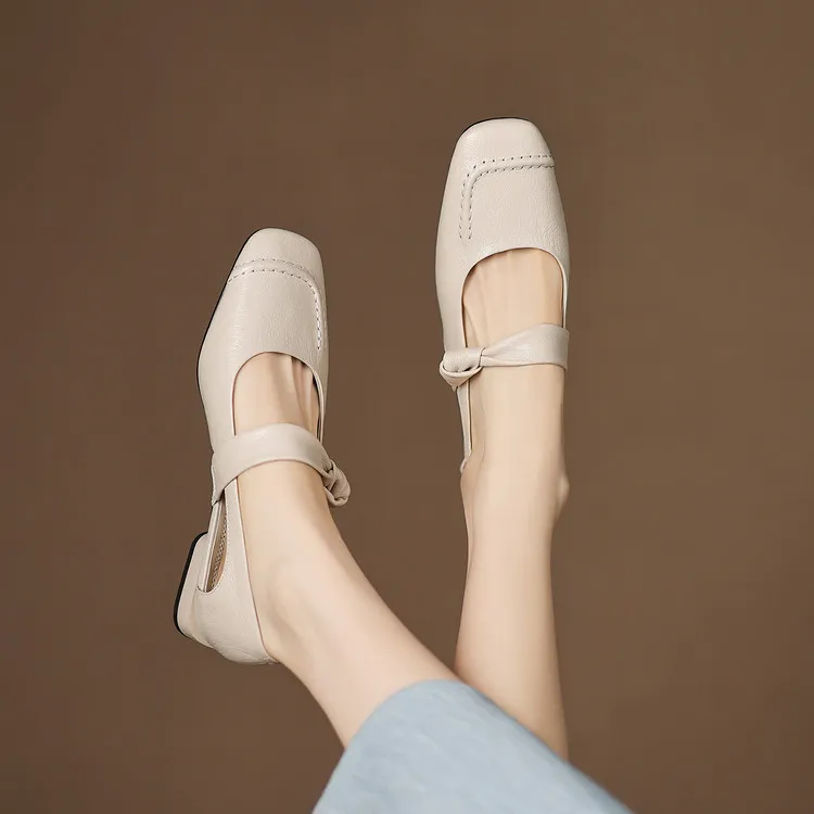 Summer square-toe flats, chunky heel, low heel, hollow sheepskin fashion shoes, women's shoes, 6-10r