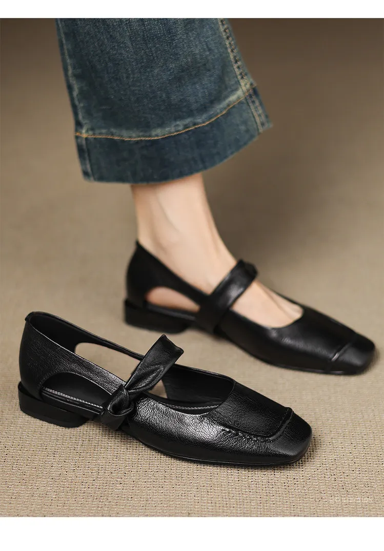 Summer square-toe flats, chunky heel, low heel, hollow sheepskin fashion shoes, women's shoes, 6-10r