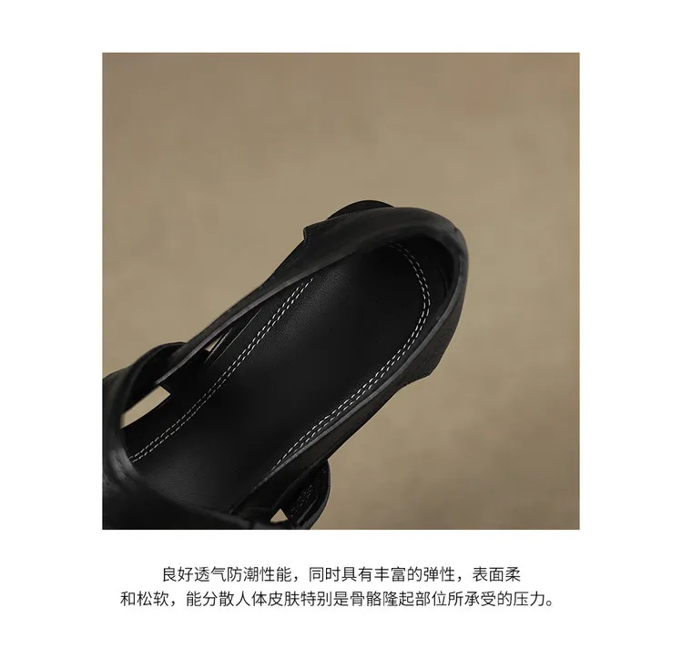 Summer square-toe flats, chunky heel, low heel, hollow sheepskin fashion shoes, women's shoes, 6-10r