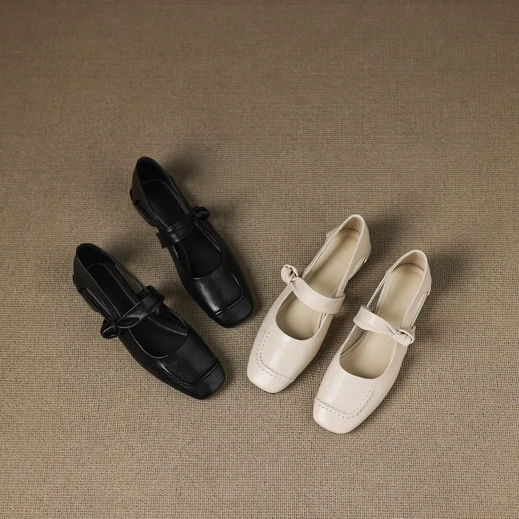 Summer square-toe flats, chunky heel, low heel, hollow sheepskin fashion shoes, women's shoes, 6-10r