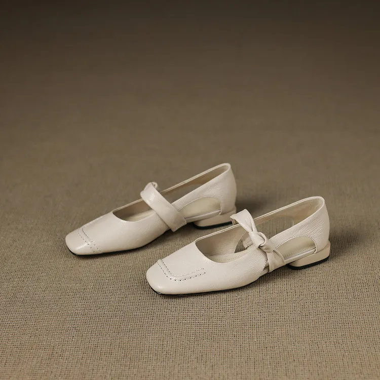 Summer square-toe flats, chunky heel, low heel, hollow sheepskin fashion shoes, women's shoes, 6-10r