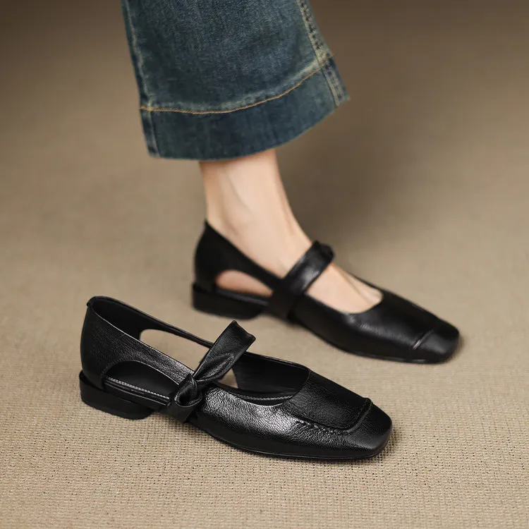 Summer square-toe flats, chunky heel, low heel, hollow sheepskin fashion shoes, women's shoes, 6-10r