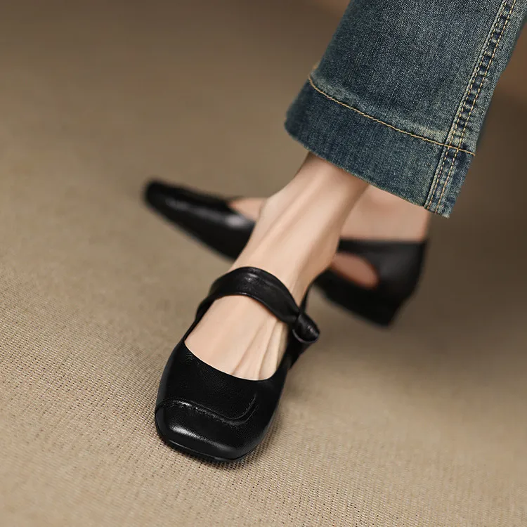 Summer square-toe flats, chunky heel, low heel, hollow sheepskin fashion shoes, women's shoes, 6-10r