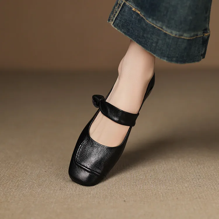 Summer square-toe flats, chunky heel, low heel, hollow sheepskin fashion shoes, women's shoes, 6-10r