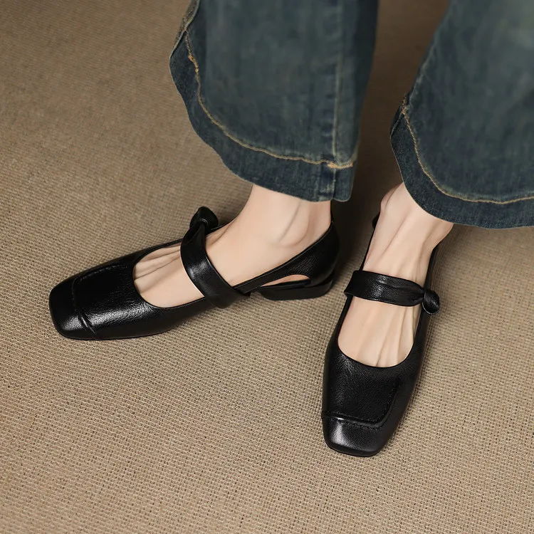 Summer square-toe flats, chunky heel, low heel, hollow sheepskin fashion shoes, women's shoes, 6-10r