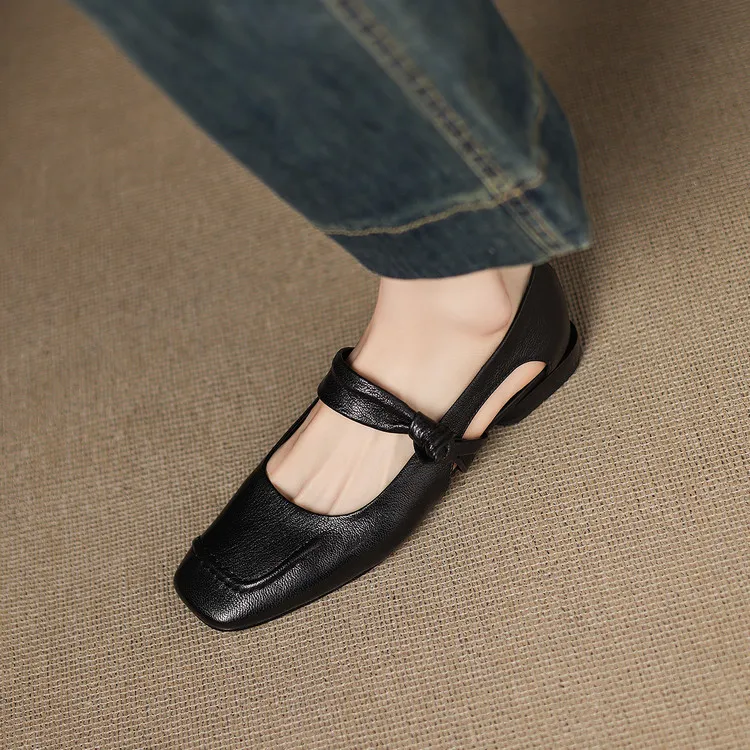 Summer square-toe flats, chunky heel, low heel, hollow sheepskin fashion shoes, women's shoes, 6-10r