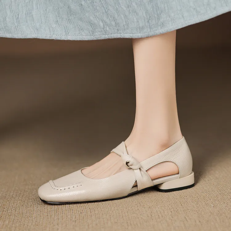 Summer square-toe flats, chunky heel, low heel, hollow sheepskin fashion shoes, women's shoes, 6-10r