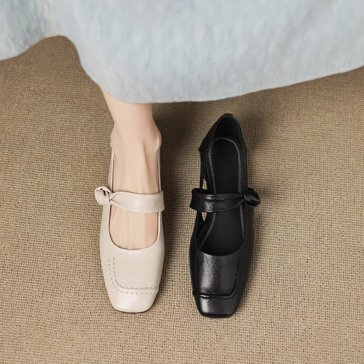 Summer square-toe flats, chunky heel, low heel, hollow sheepskin fashion shoes, women's shoes, 6-10r