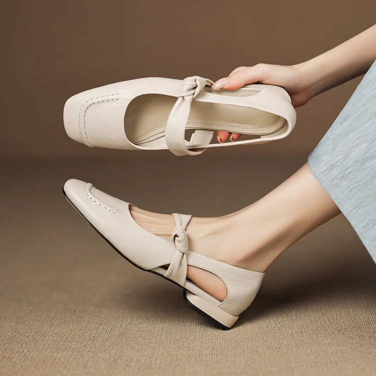 Summer square-toe flats, chunky heel, low heel, hollow sheepskin fashion shoes, women's shoes, 6-10r