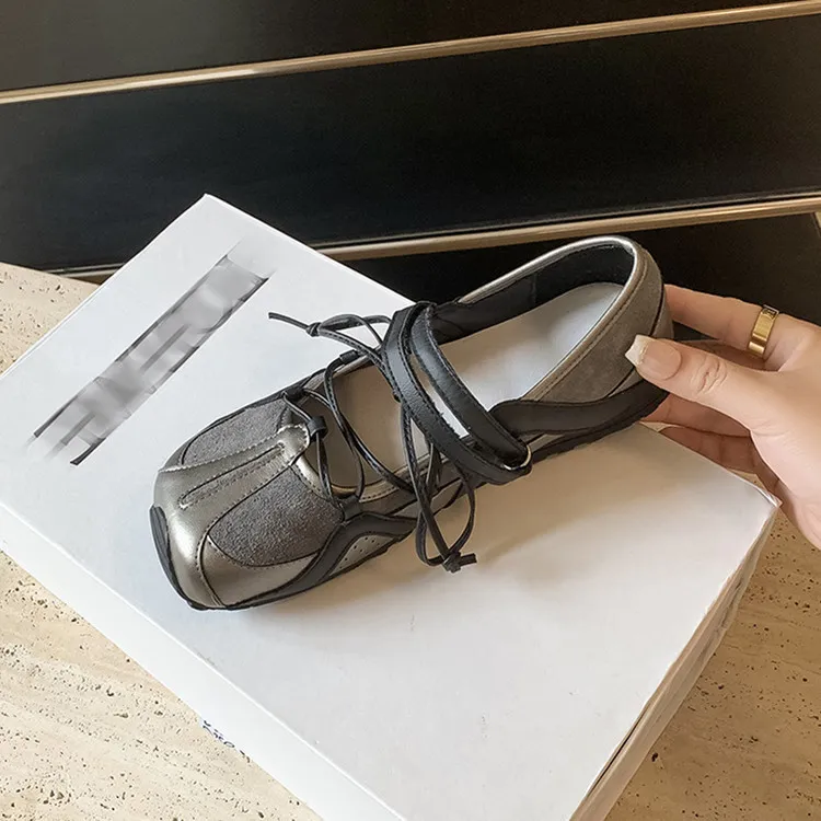 Fashionable and casual color-blocked shoes, spring and autumn single shoes, round toe, lace-up, flat and comfortable women's shoes, 6-16c