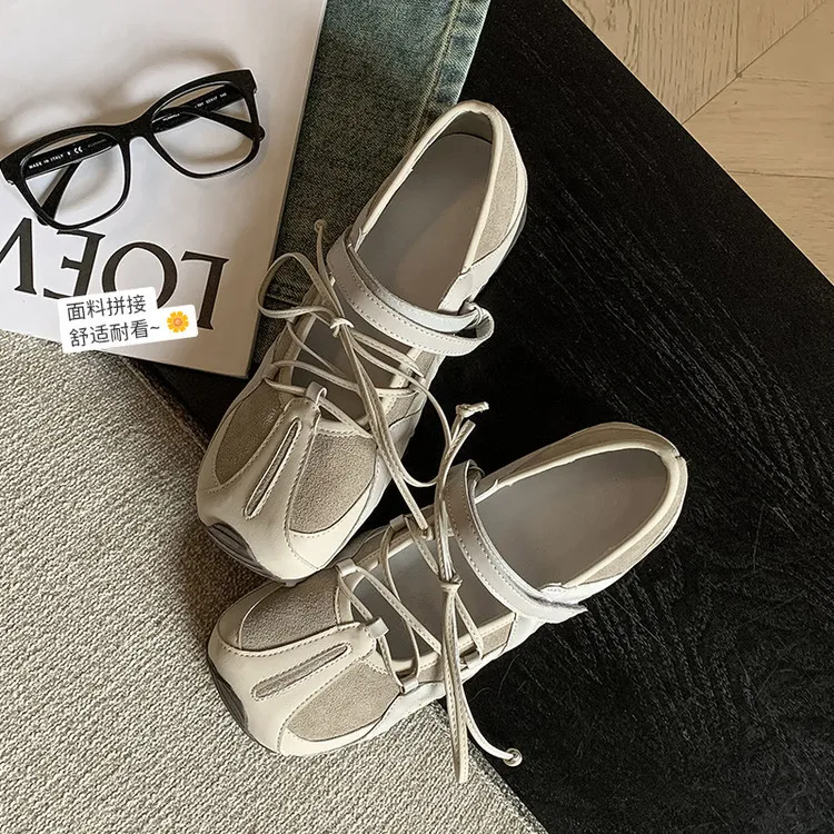 Fashionable and casual color-blocked shoes, spring and autumn single shoes, round toe, lace-up, flat and comfortable women's shoes, 6-16c