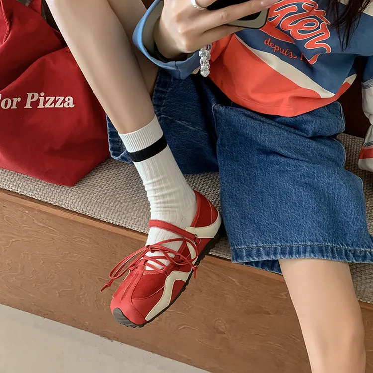 Fashionable and casual color-blocked shoes, spring and autumn single shoes, round toe, lace-up, flat and comfortable women's shoes, 6-16c