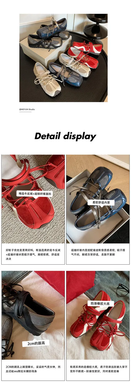 Fashionable and casual color-blocked shoes, spring and autumn single shoes, round toe, lace-up, flat and comfortable women's shoes, 6-16c