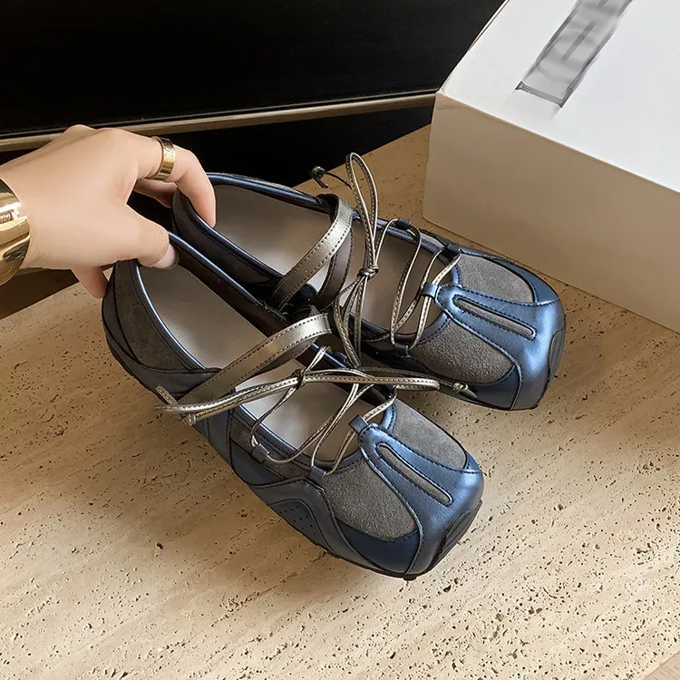 Fashionable and casual color-blocked shoes, spring and autumn single shoes, round toe, lace-up, flat and comfortable women's shoes, 6-16c