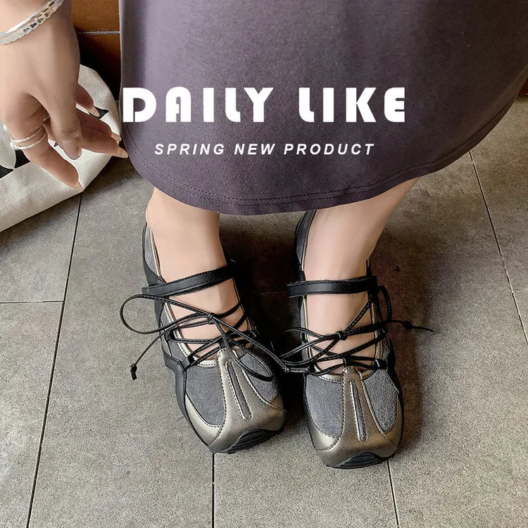 Fashionable and casual color-blocked shoes, spring and autumn single shoes, round toe, lace-up, flat and comfortable women's shoes, 6-16c