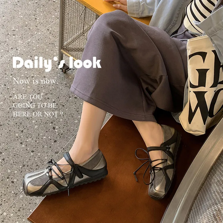 Fashionable and casual color-blocked shoes, spring and autumn single shoes, round toe, lace-up, flat and comfortable women's shoes, 6-16c