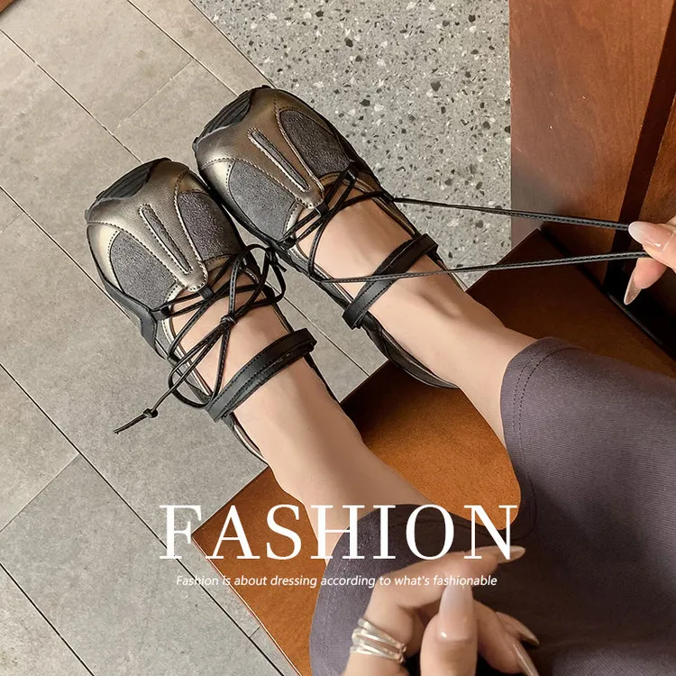 Fashionable and casual color-blocked shoes, spring and autumn single shoes, round toe, lace-up, flat and comfortable women's shoes, 6-16c