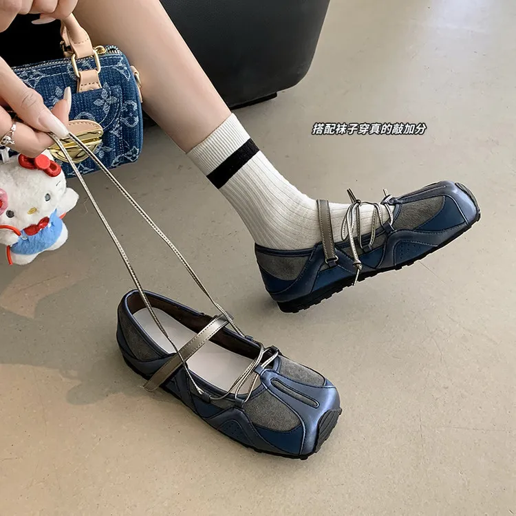 Fashionable and casual color-blocked shoes, spring and autumn single shoes, round toe, lace-up, flat and comfortable women's shoes, 6-16c