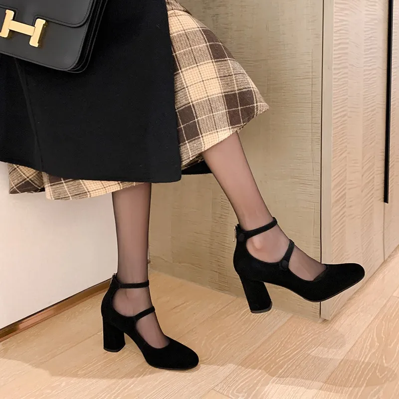Autumn round-toe chunky heel high heels Roman style Mary Jane women's shoes