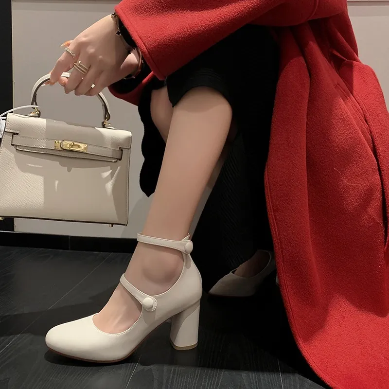 Autumn round-toe chunky heel high heels Roman style Mary Jane women's shoes