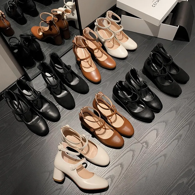 Autumn round-toe chunky heel high heels Roman style Mary Jane women's shoes