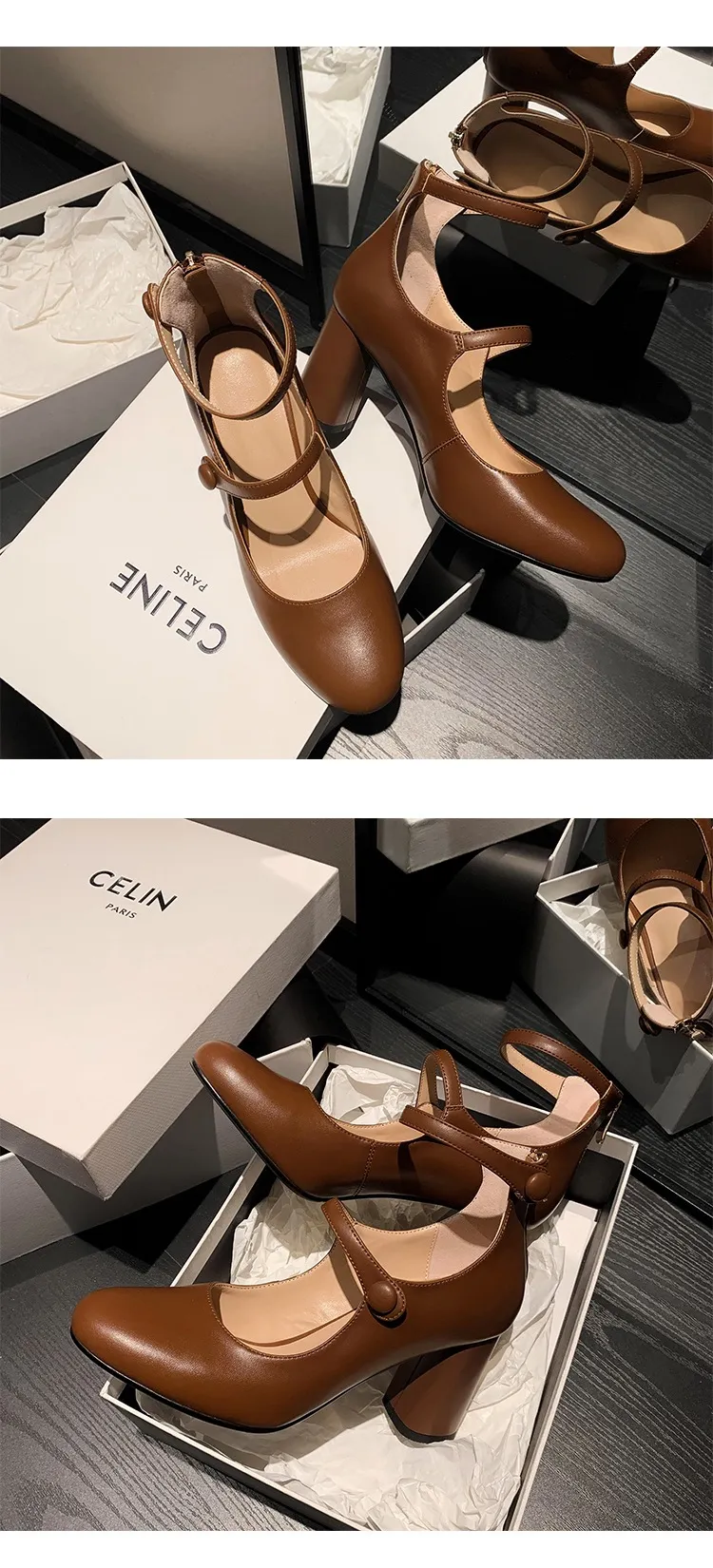 Autumn round-toe chunky heel high heels Roman style Mary Jane women's shoes