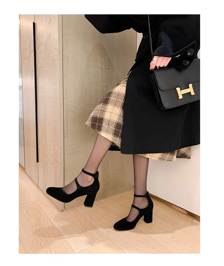 Autumn round-toe chunky heel high heels Roman style Mary Jane women's shoes