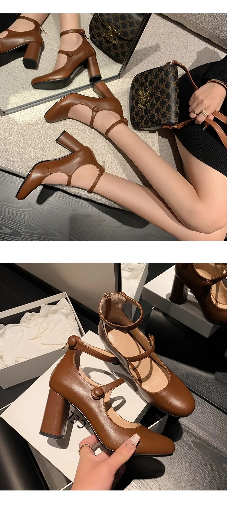 Autumn round-toe chunky heel high heels Roman style Mary Jane women's shoes