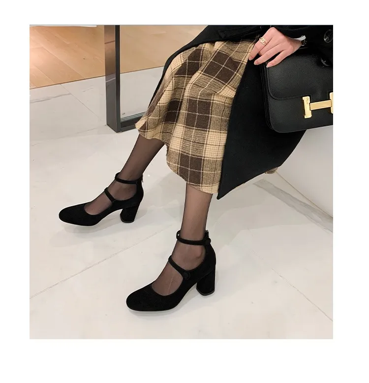Autumn round-toe chunky heel high heels Roman style Mary Jane women's shoes