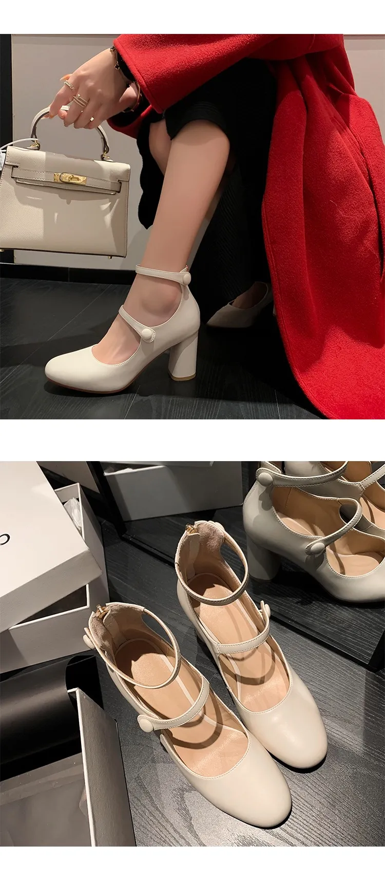 Autumn round-toe chunky heel high heels Roman style Mary Jane women's shoes