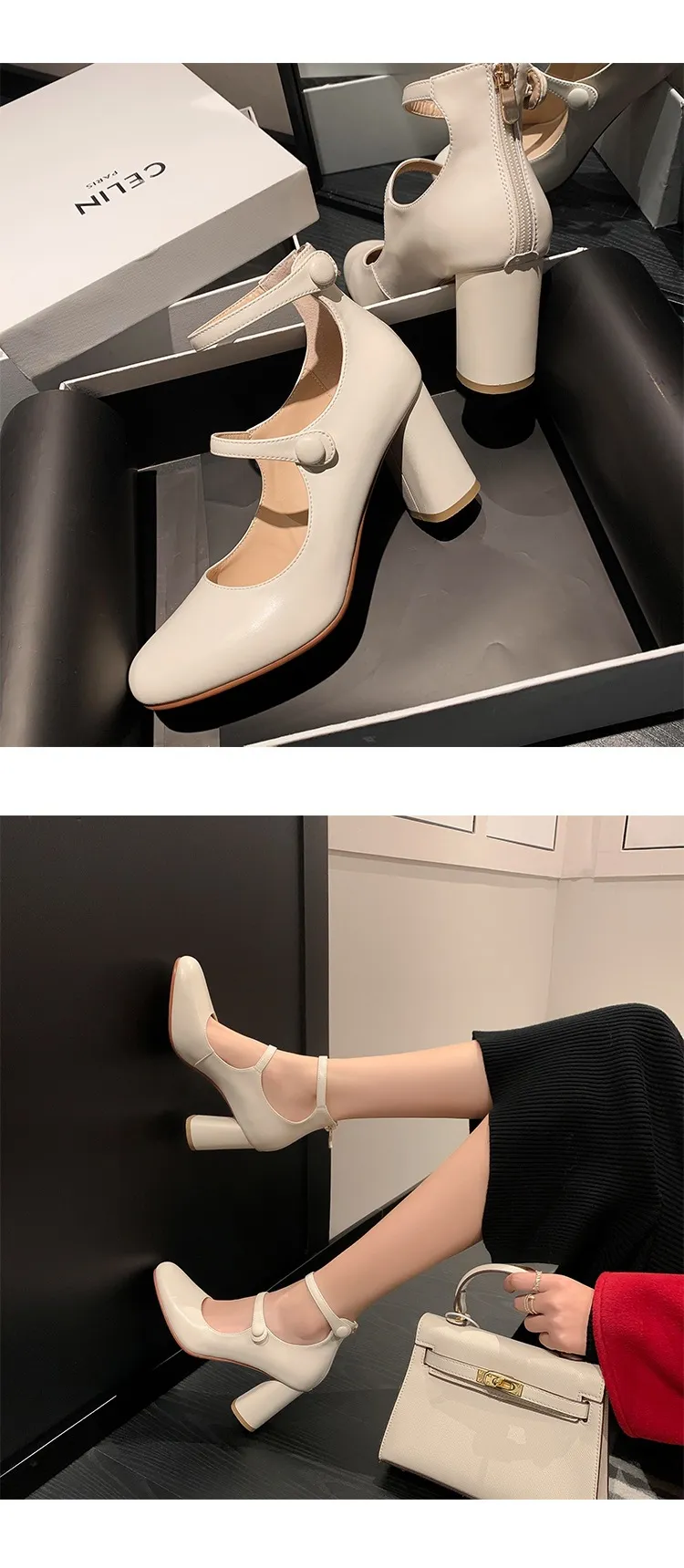 Autumn round-toe chunky heel high heels Roman style Mary Jane women's shoes