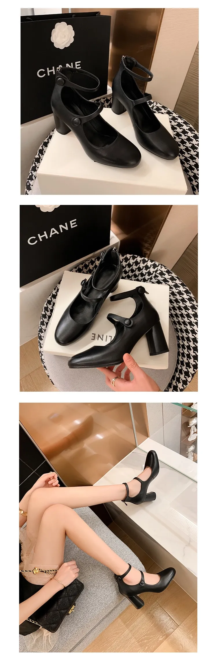 Autumn round-toe chunky heel high heels Roman style Mary Jane women's shoes