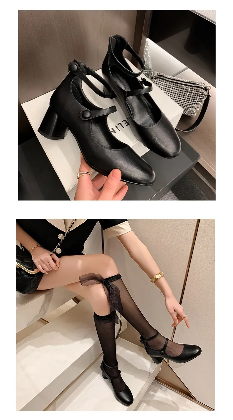 Autumn round-toe chunky heel high heels Roman style Mary Jane women's shoes