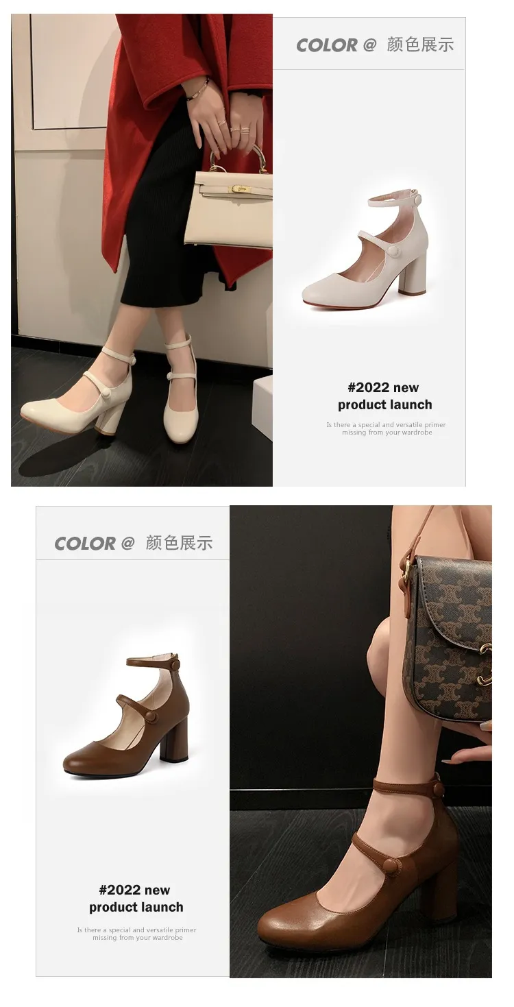 Autumn round-toe chunky heel high heels Roman style Mary Jane women's shoes