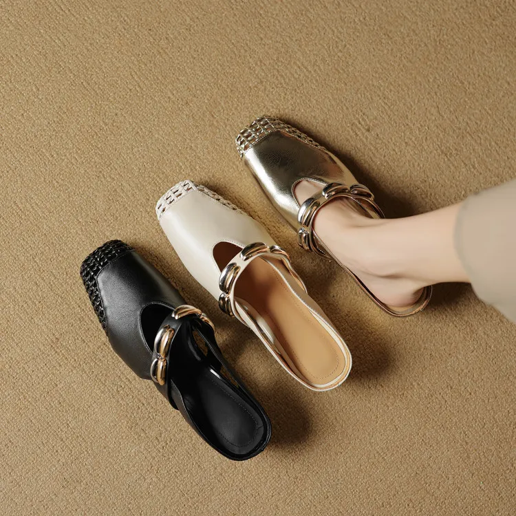 Video account: Square-toe hollowed-out slippers, wedge heel, studded cowhide fashion women's shoes (6-20 pages)