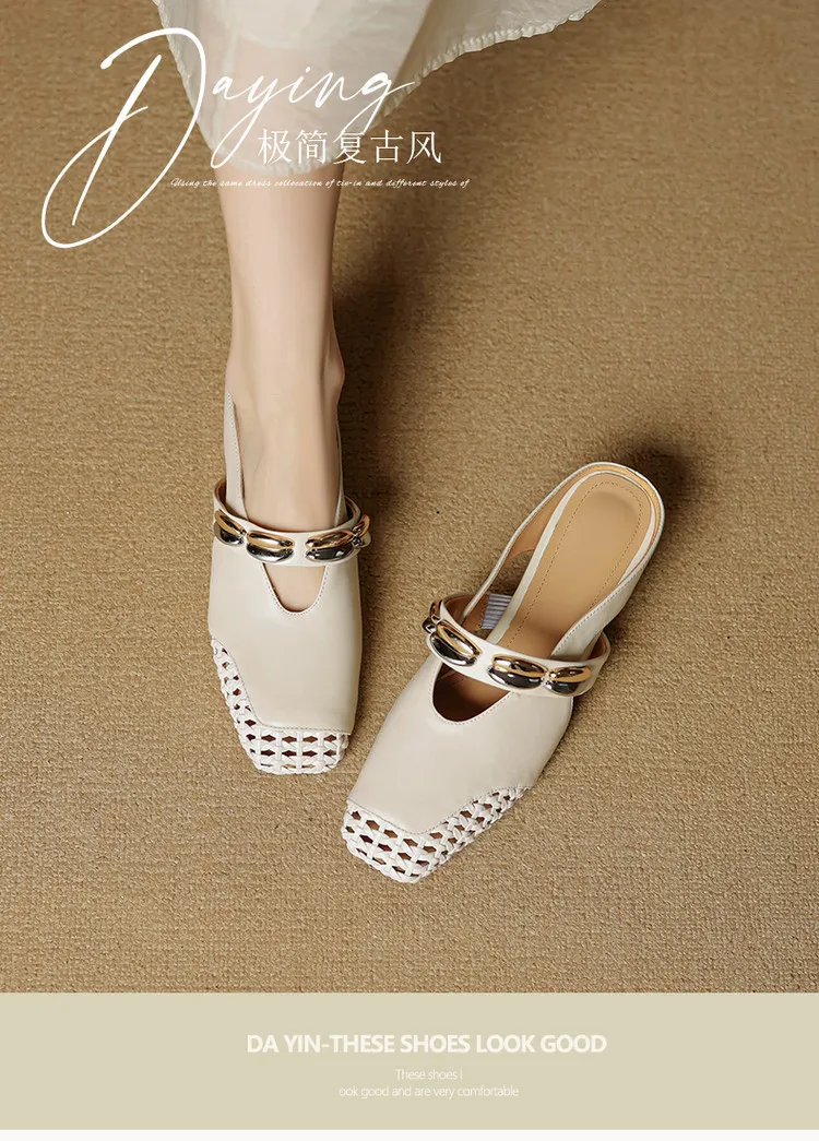 Video account: Square-toe hollowed-out slippers, wedge heel, studded cowhide fashion women's shoes (6-20 pages)