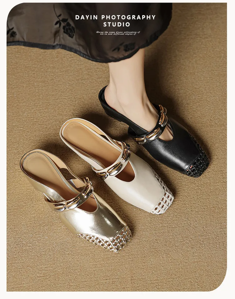 Video account: Square-toe hollowed-out slippers, wedge heel, studded cowhide fashion women's shoes (6-20 pages)