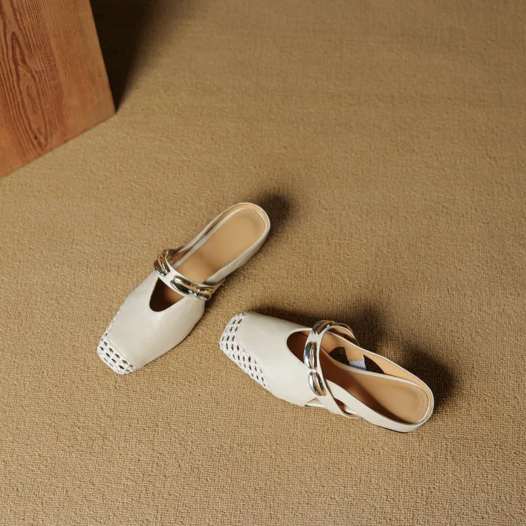 Video account: Square-toe hollowed-out slippers, wedge heel, studded cowhide fashion women's shoes (6-20 pages)
