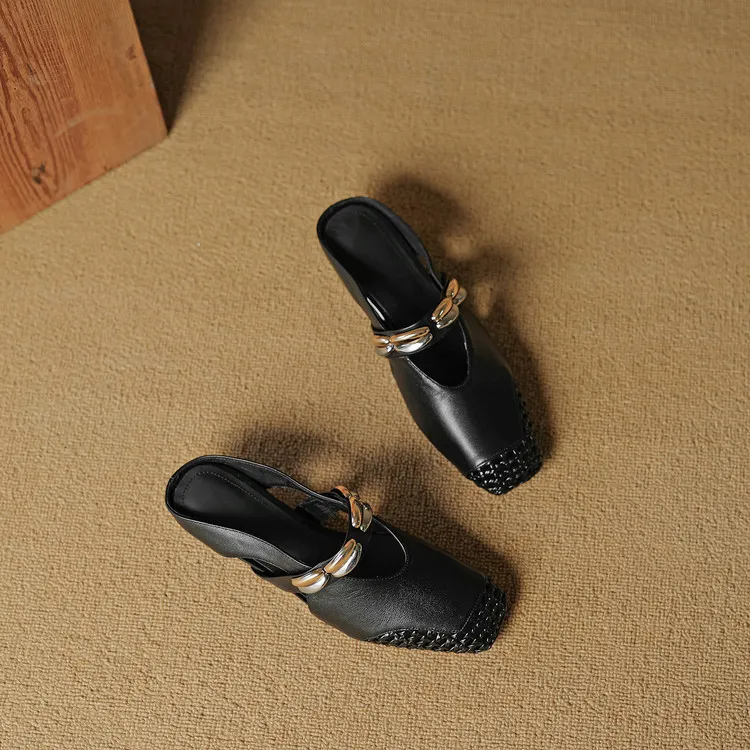 Video account: Square-toe hollowed-out slippers, wedge heel, studded cowhide fashion women's shoes (6-20 pages)