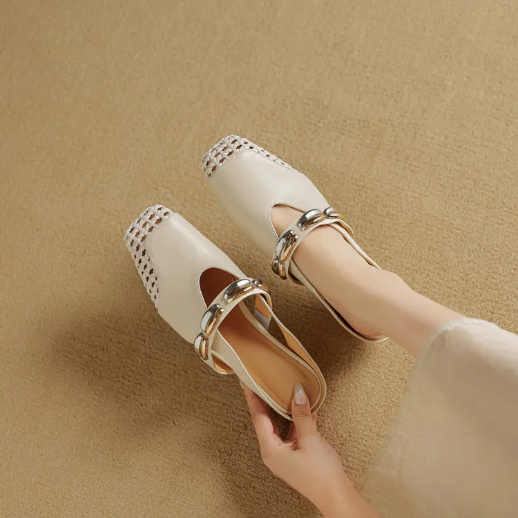 Video account: Square-toe hollowed-out slippers, wedge heel, studded cowhide fashion women's shoes (6-20 pages)