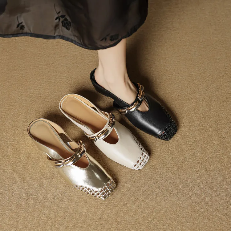 Video account: Square-toe hollowed-out slippers, wedge heel, studded cowhide fashion women's shoes (6-20 pages)