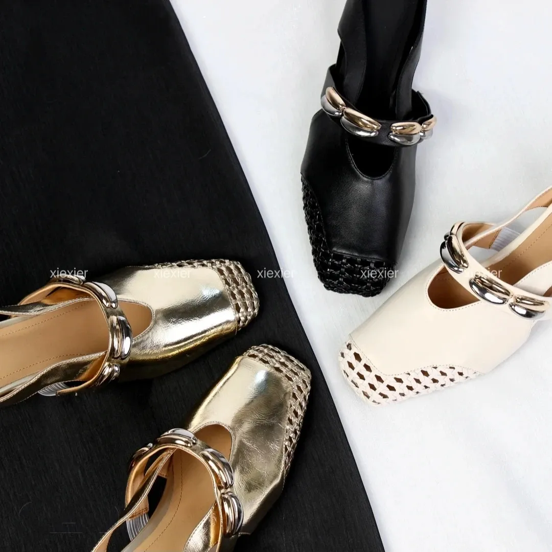 Video account: Square-toe hollowed-out slippers, wedge heel, studded cowhide fashion women's shoes (6-20 pages)
