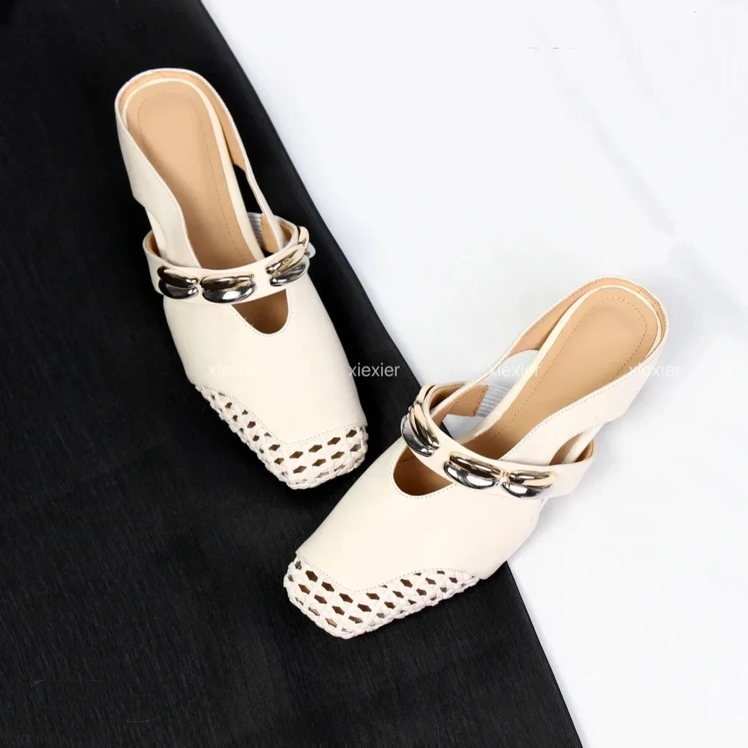 Video account: Square-toe hollowed-out slippers, wedge heel, studded cowhide fashion women's shoes (6-20 pages)