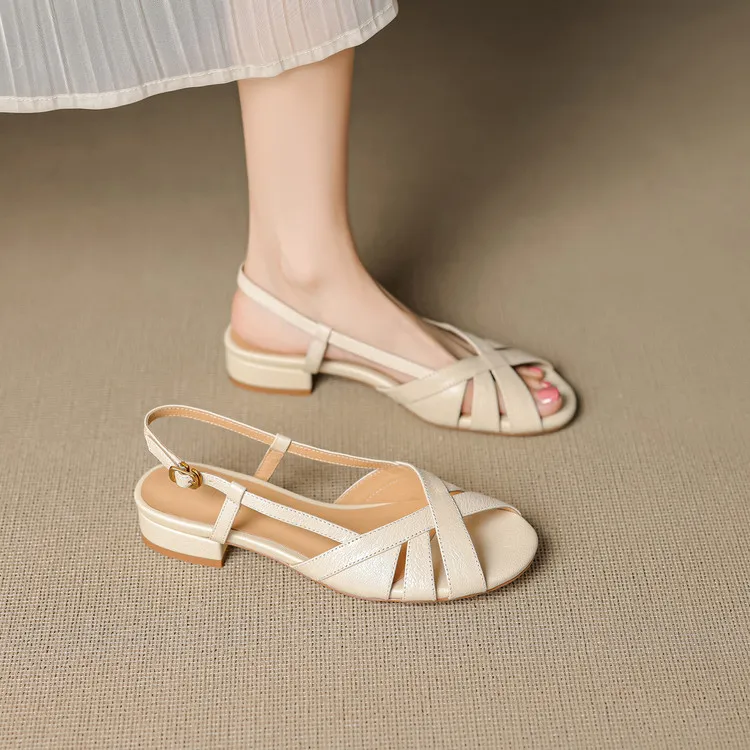 Low-heeled flat sandals, round toe, buckle, sheepskin fashion women's shoes, 6-20u