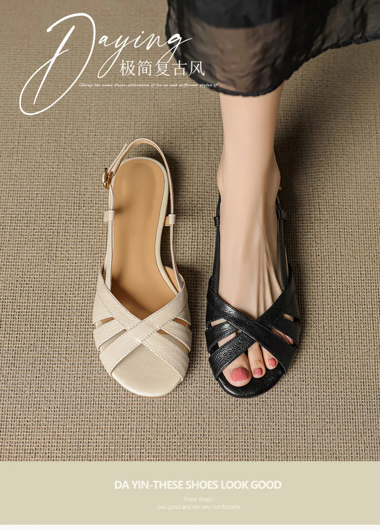 Low-heeled flat sandals, round toe, buckle, sheepskin fashion women's shoes, 6-20u